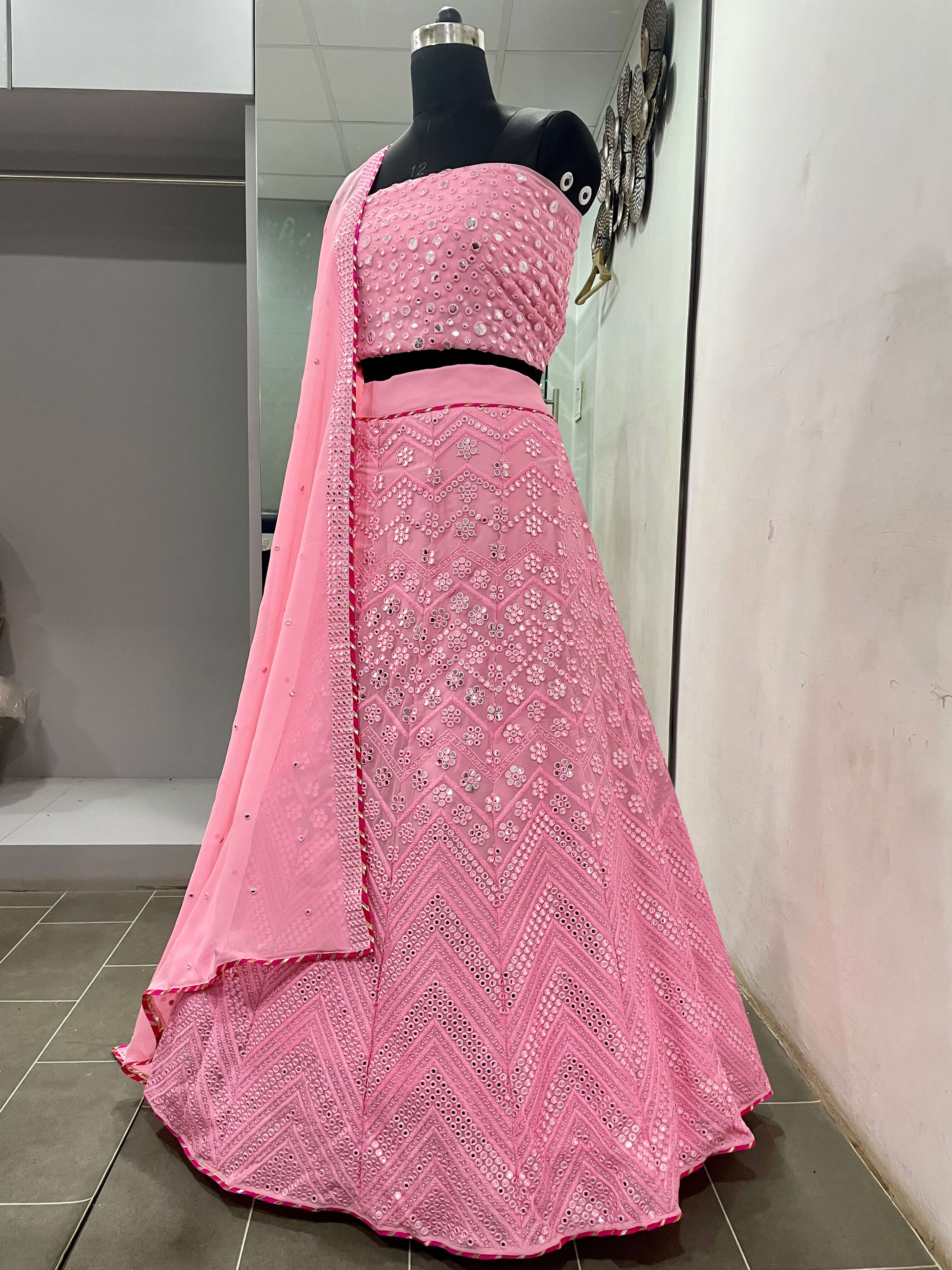 Pink Lehenga Choli in Georgette With Sequence and Mirror Work