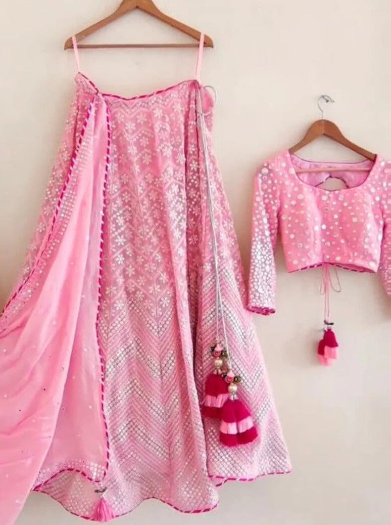 Pink Lehenga Choli in Georgette With Sequence and Mirror Work