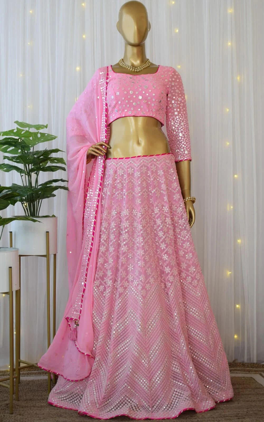 Pink Lehenga Choli in Georgette With Sequence and Mirror Work