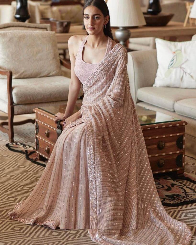 Pink Saree in Georgette With Sequence and Zari Work