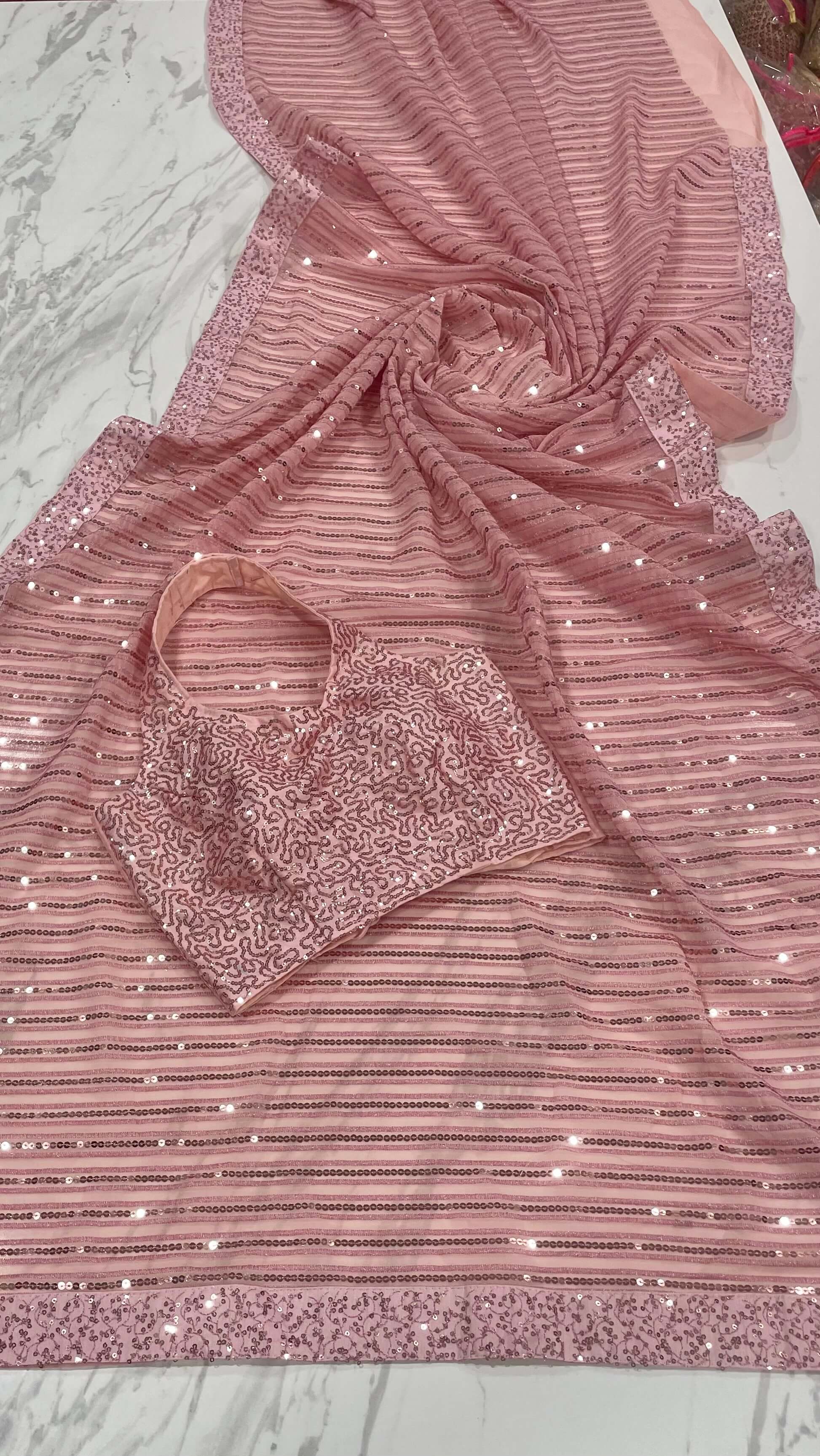 Pink Saree in Georgette With Sequence and Zari Work