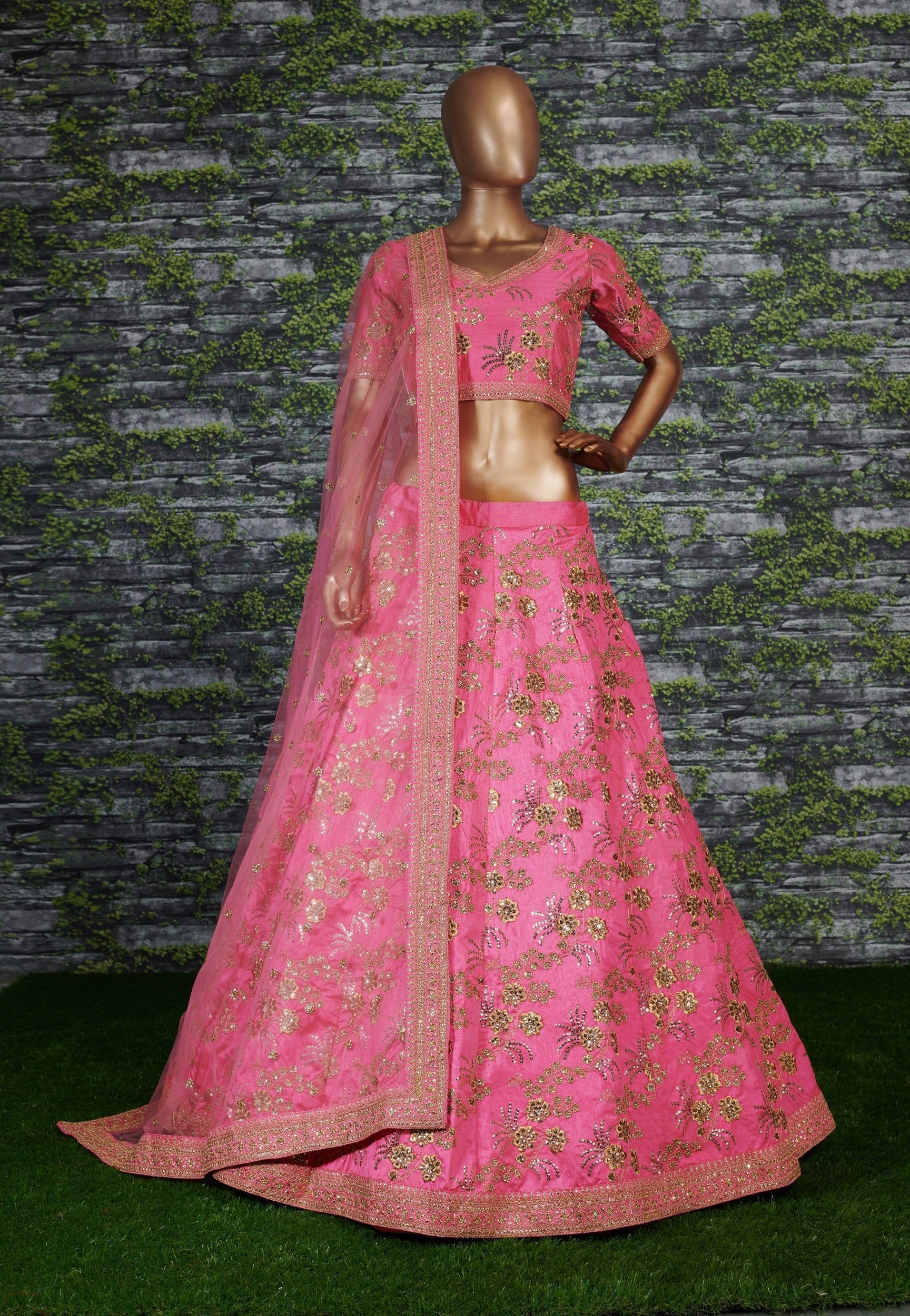 Hypnotic Pink Colored Wedding Wear Embroidered Satin Lehenga Choli