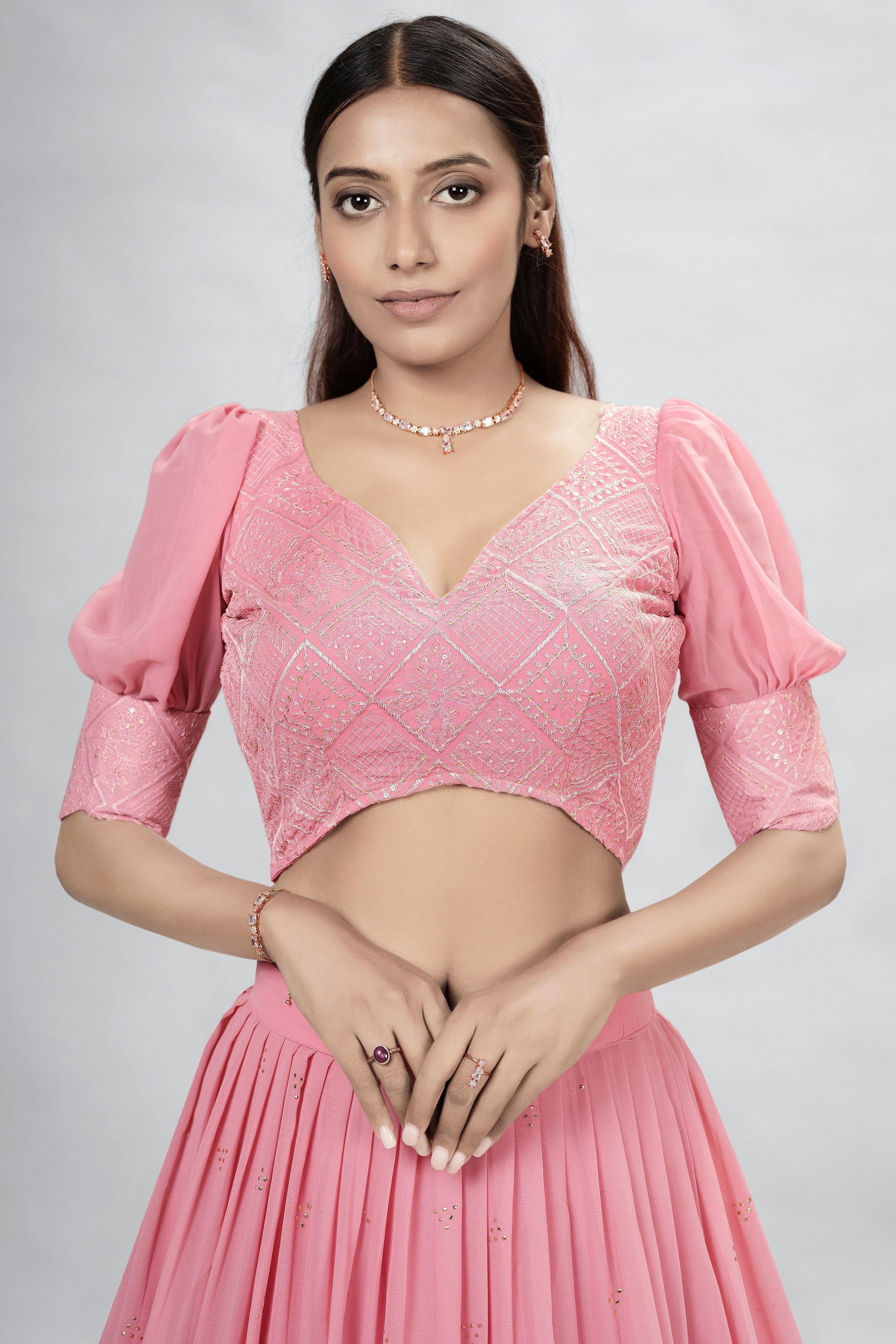 Pink Indian Georgette Lehenga Choli With Ruffle Dupatta For Indian Festival & Weddings - Sequence Embroidery Work, Mukaish Work
