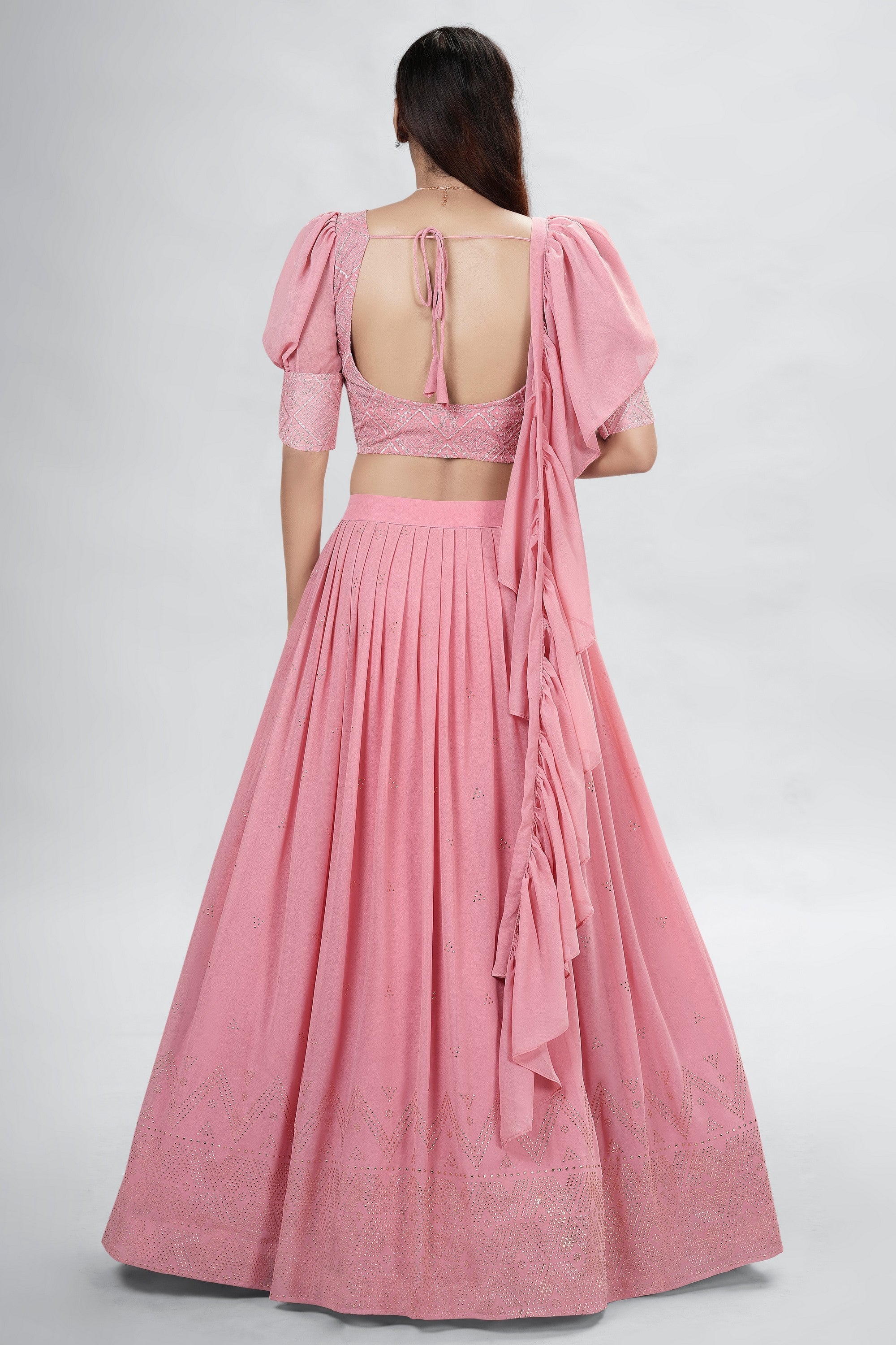 Pink Indian Georgette Lehenga Choli With Ruffle Dupatta For Indian Festival & Weddings - Sequence Embroidery Work, Mukaish Work