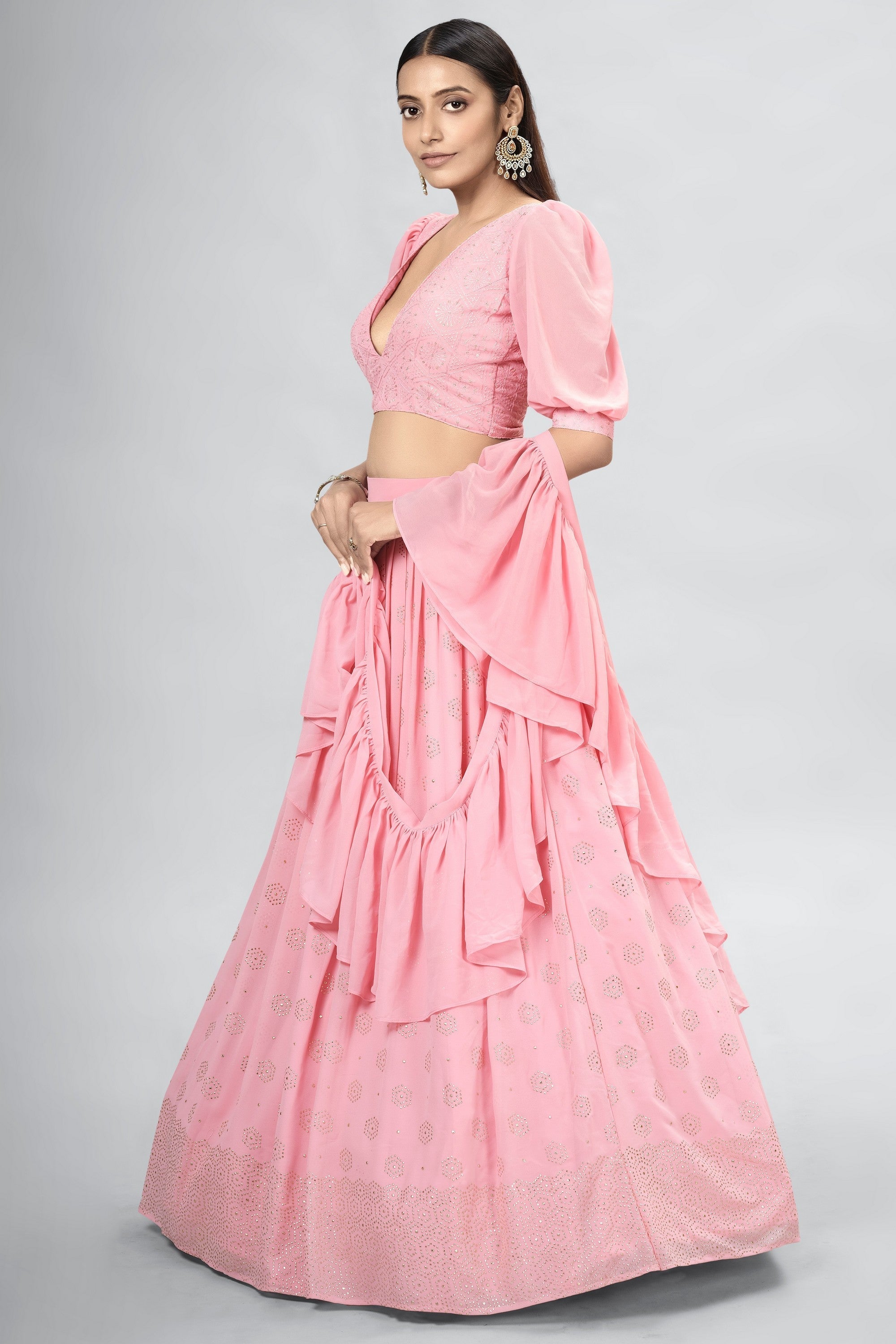 Pink Indian Georgette Lehenga Choli With Ruffle Dupatta For Indian Festival & Weddings - Sequence Embroidery Work, Mukaish Work