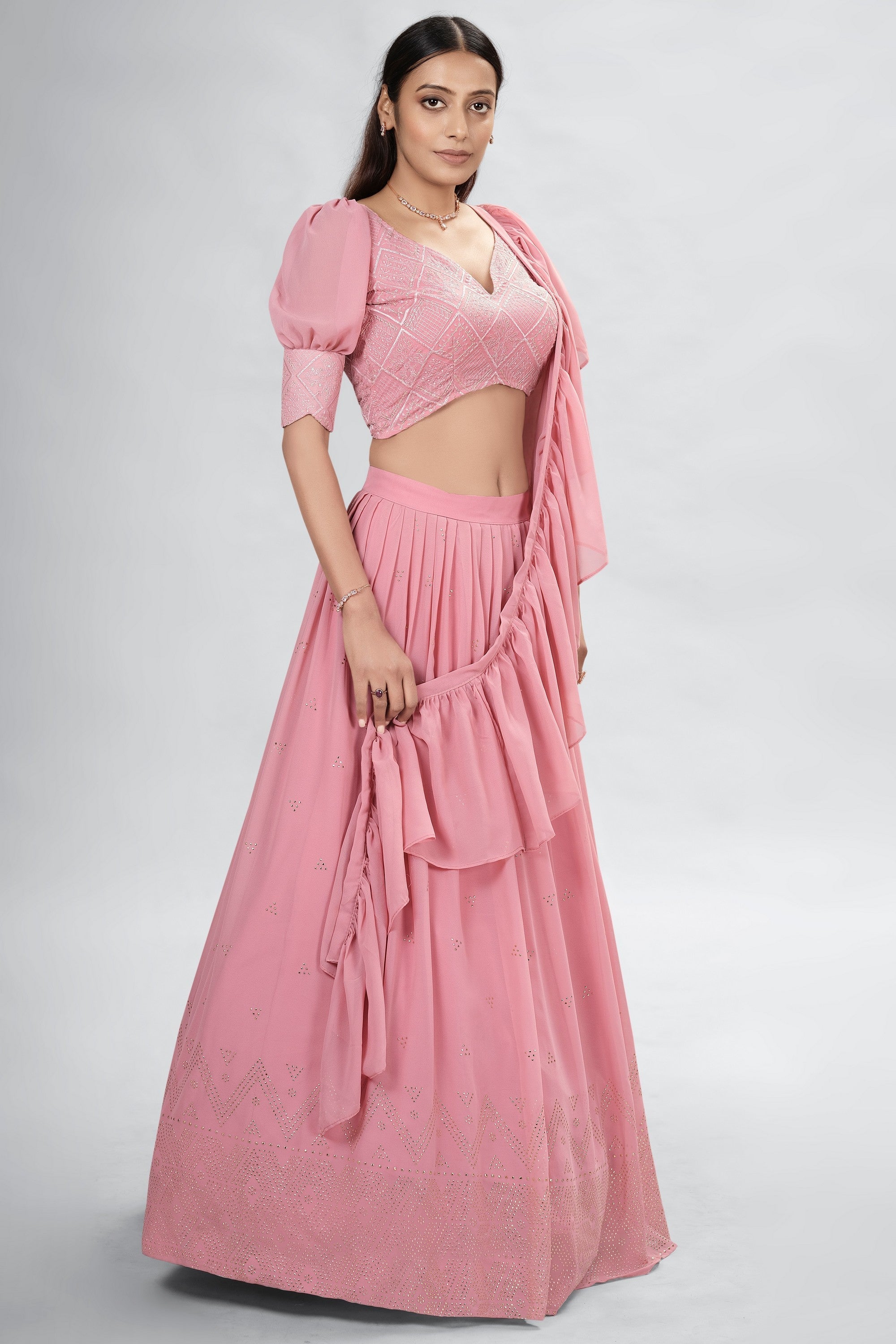 Pink Indian Georgette Lehenga Choli With Ruffle Dupatta For Indian Festival & Weddings - Sequence Embroidery Work, Mukaish Work