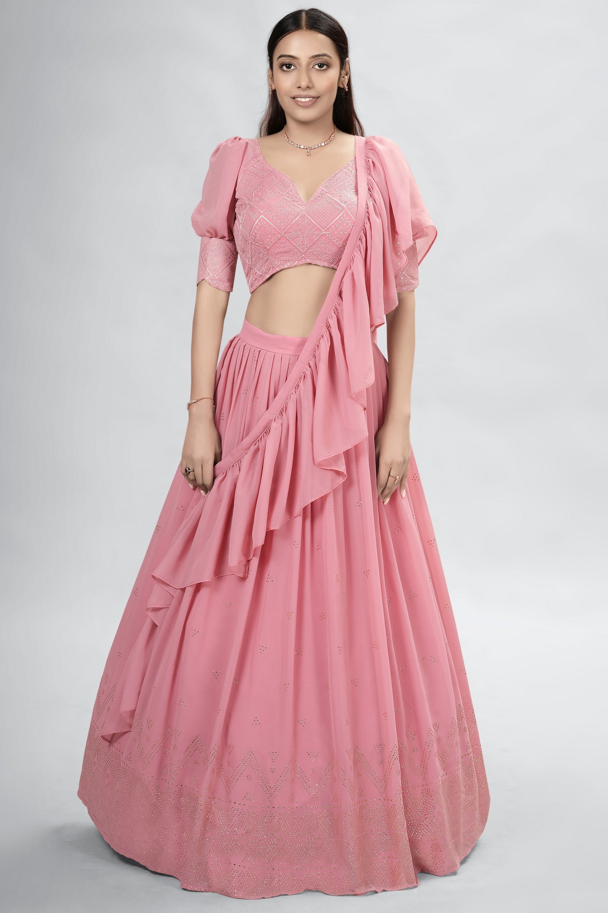 Pink Indian Georgette Lehenga Choli With Ruffle Dupatta For Indian Festival & Weddings - Sequence Embroidery Work, Mukaish Work