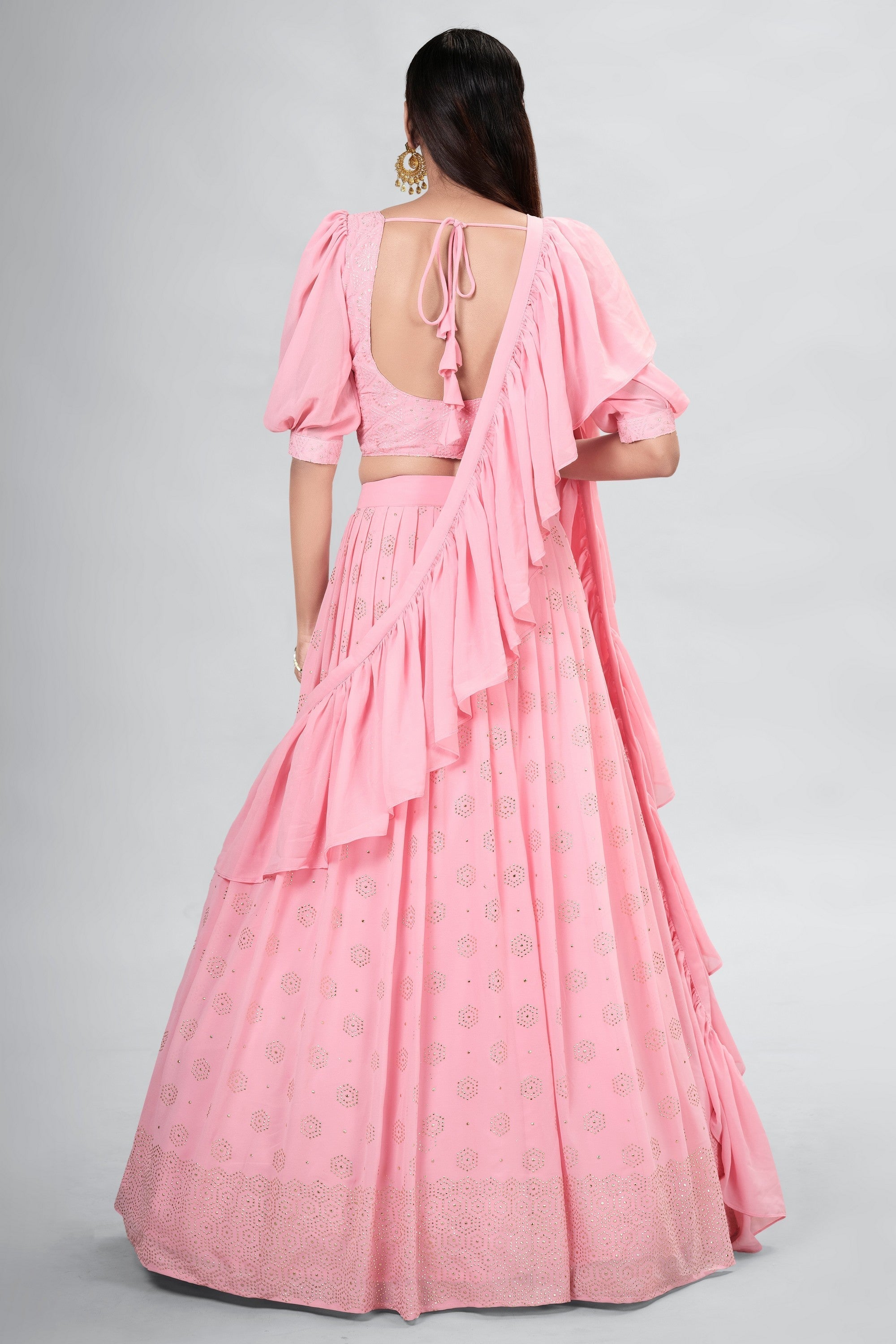 Pink Indian Georgette Lehenga Choli With Ruffle Dupatta For Indian Festival & Weddings - Sequence Embroidery Work, Mukaish Work
