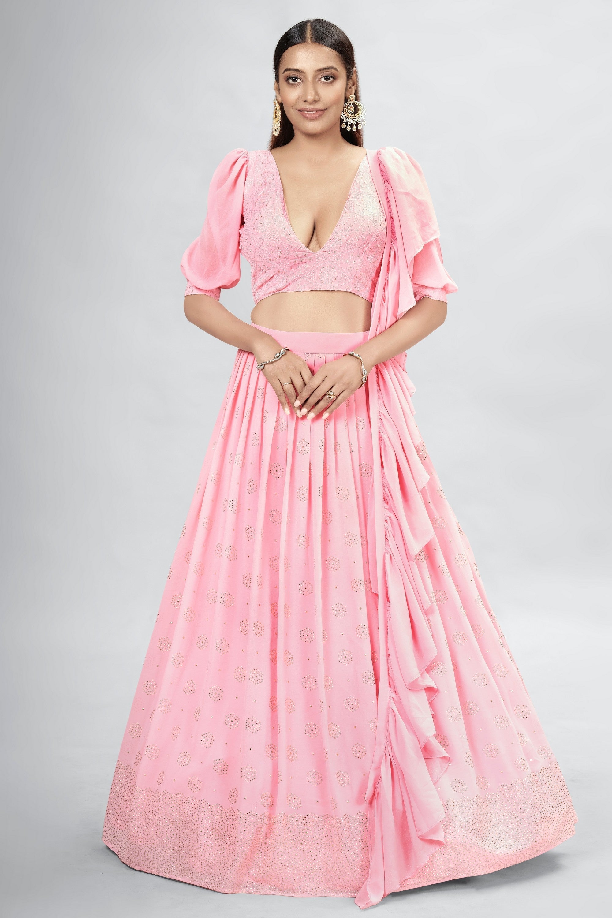 Pink Indian Georgette Lehenga Choli With Ruffle Dupatta For Indian Festival & Weddings - Sequence Embroidery Work, Mukaish Work