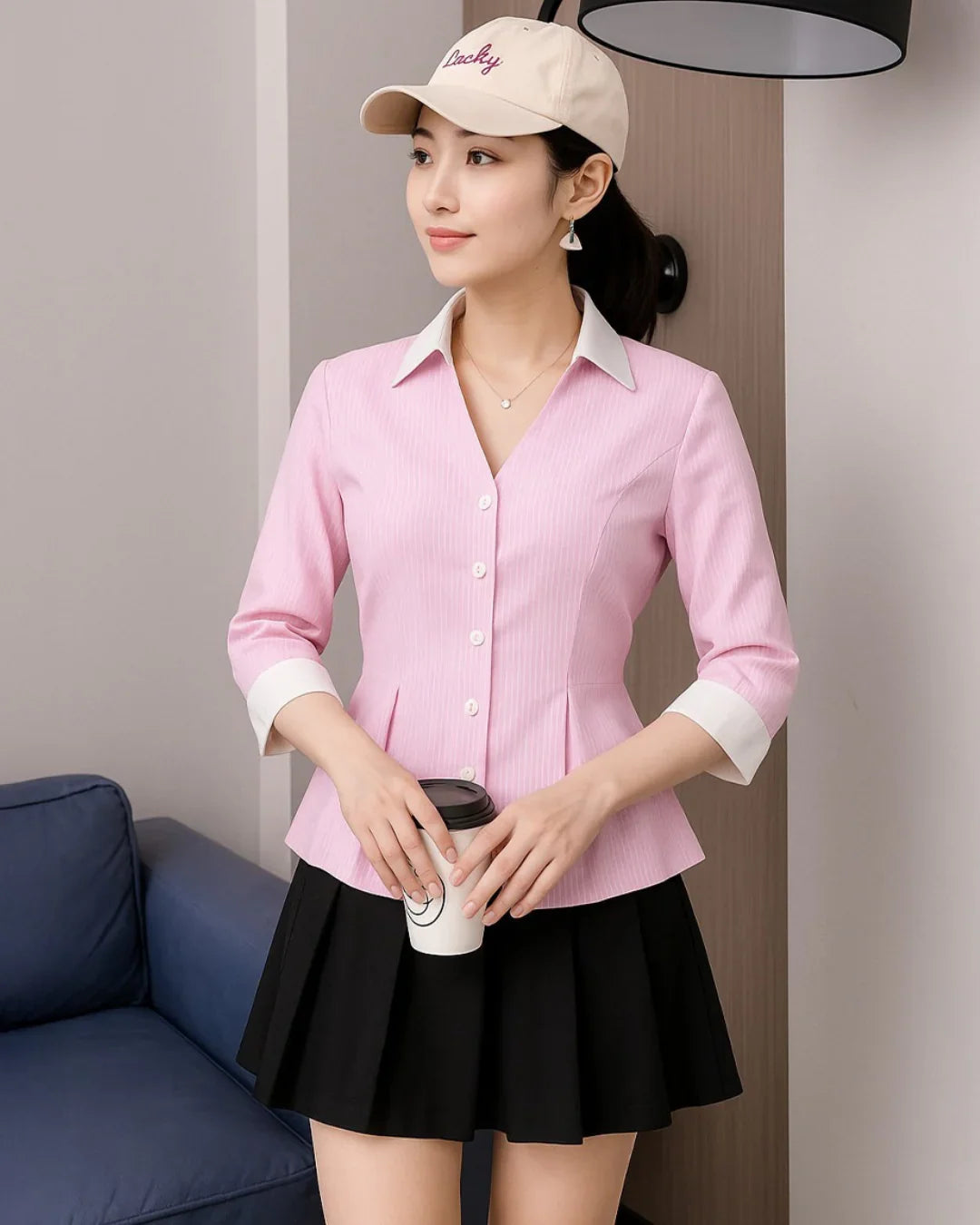 Pink Peplum Button-Down Shirt with Contrast Cuffs