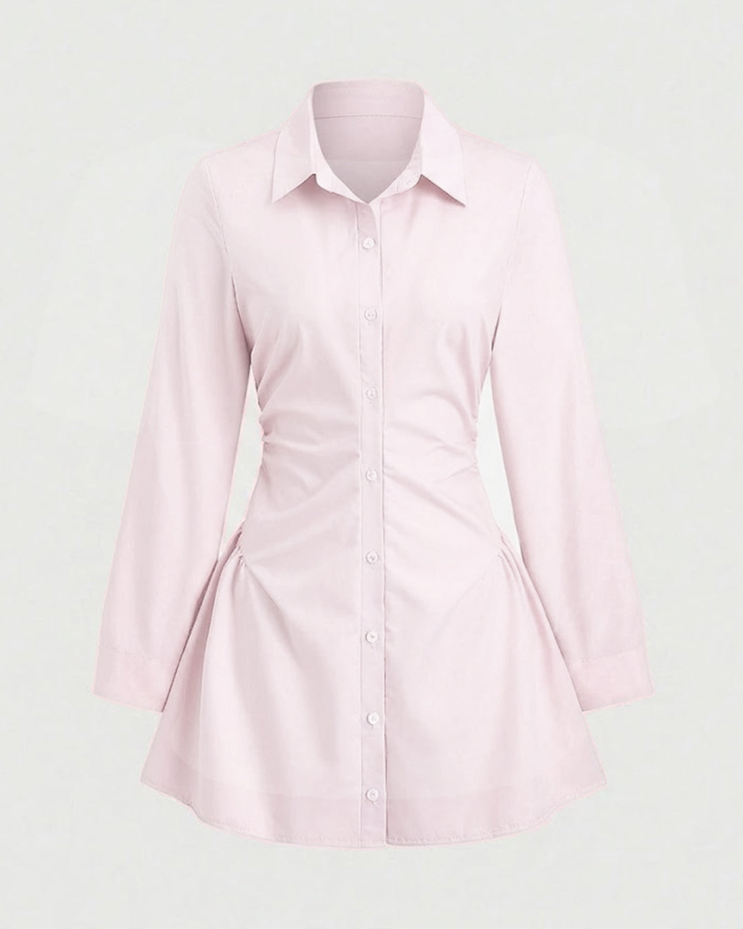 Pink Ruched Shirt Dress with Long Sleeves
