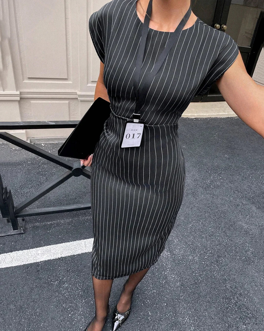 Pinstripe Structured Midi Dress in Black