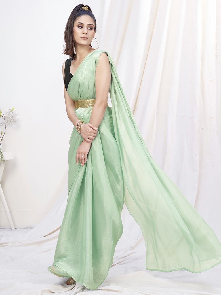 Pistachio Green Pre-Stitched Blended Silk Saree