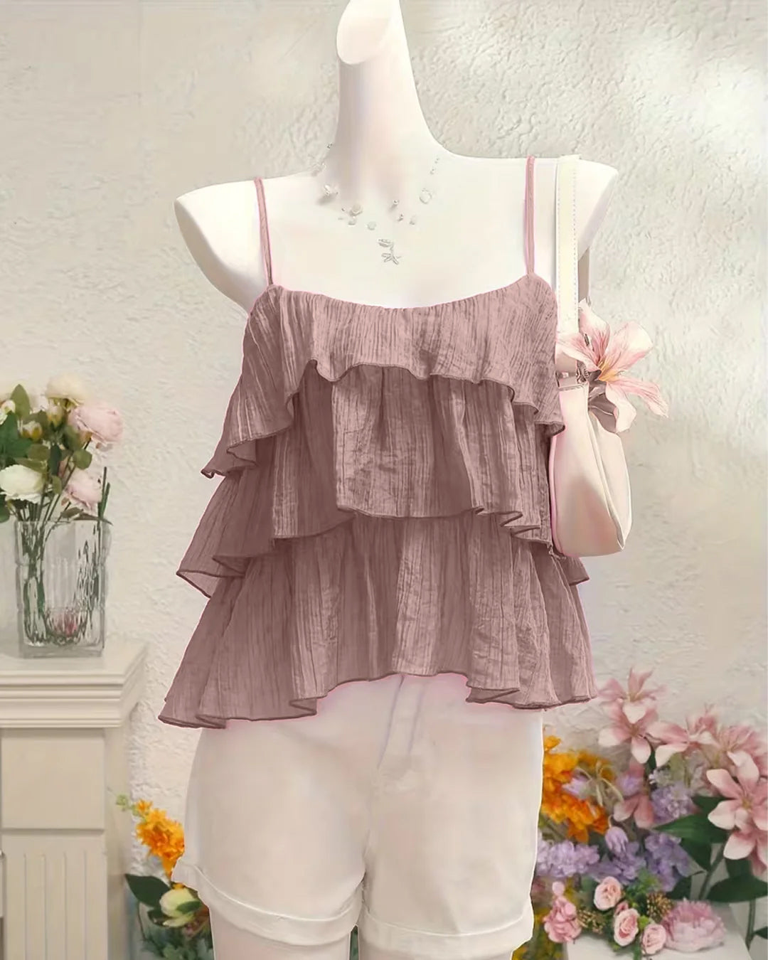 Pleated Layered Ruffle Suspender Top