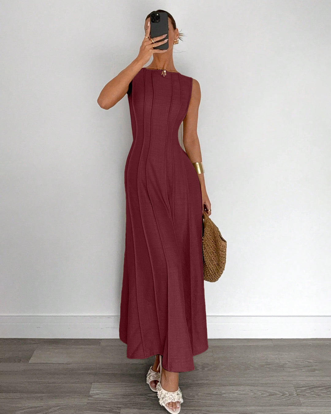 Pleated Waist A-Line Maxi Dress in Burgundy