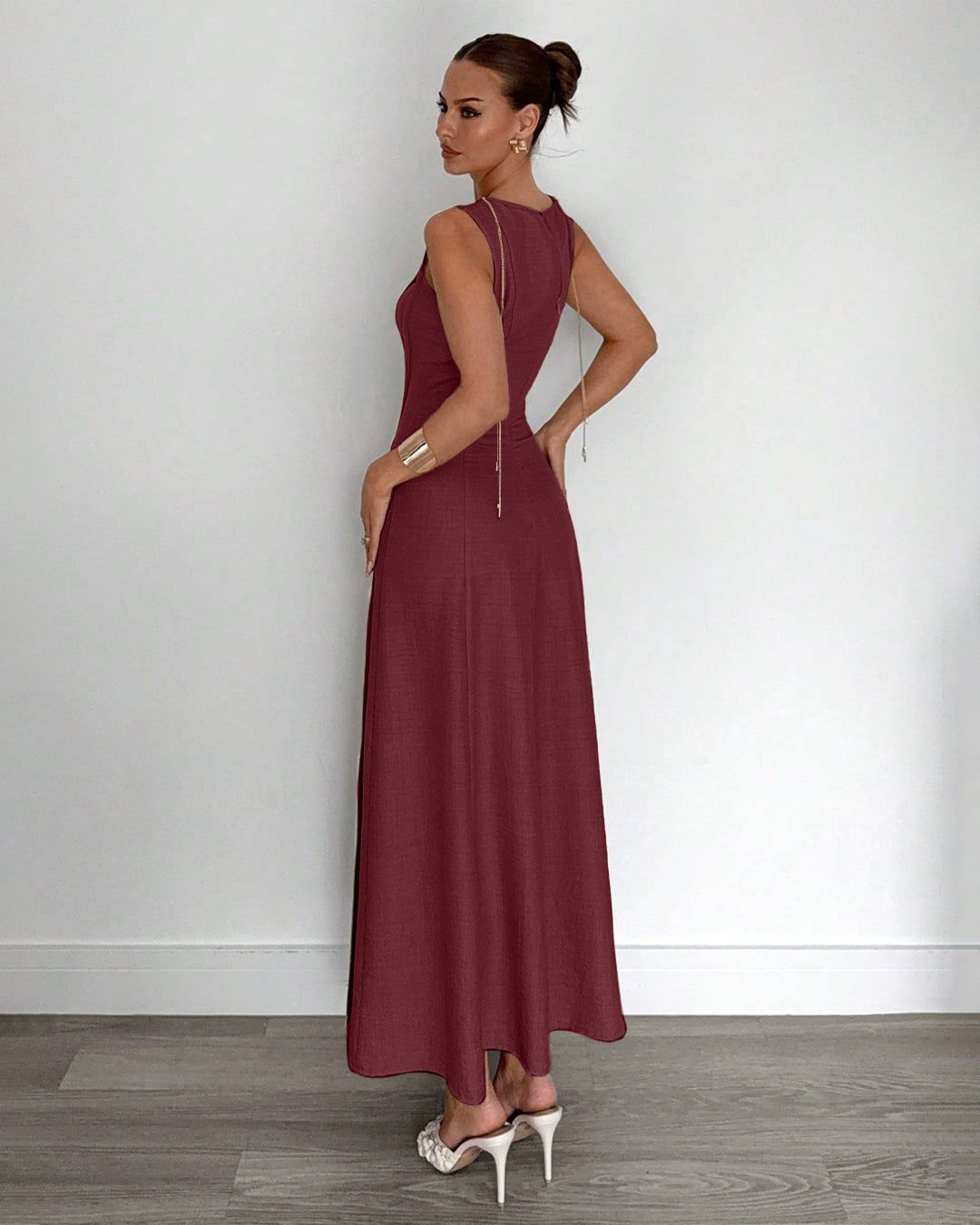 Pleated Waist A-Line Maxi Dress in Burgundy