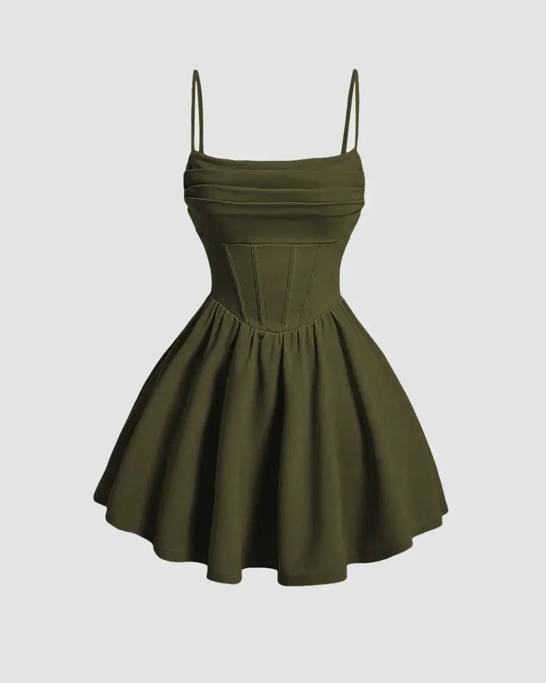 Pleated Waist Cami Short Dress In Olive Green