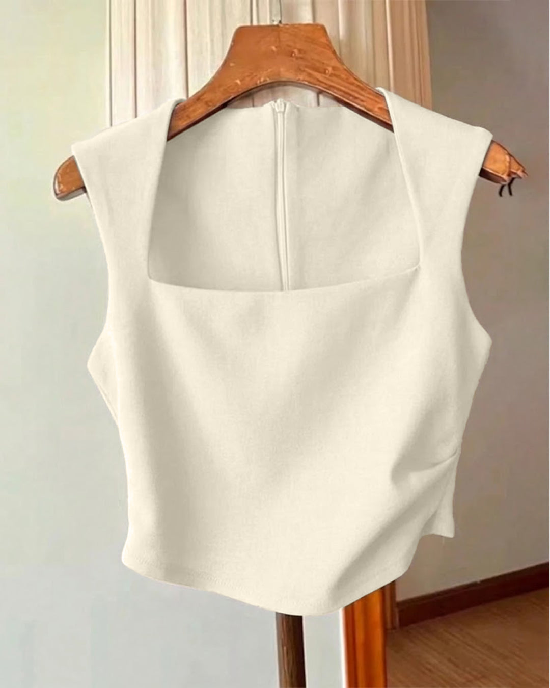 Pleated Waist Zip Back Sleeveless Tank Top in Beige
