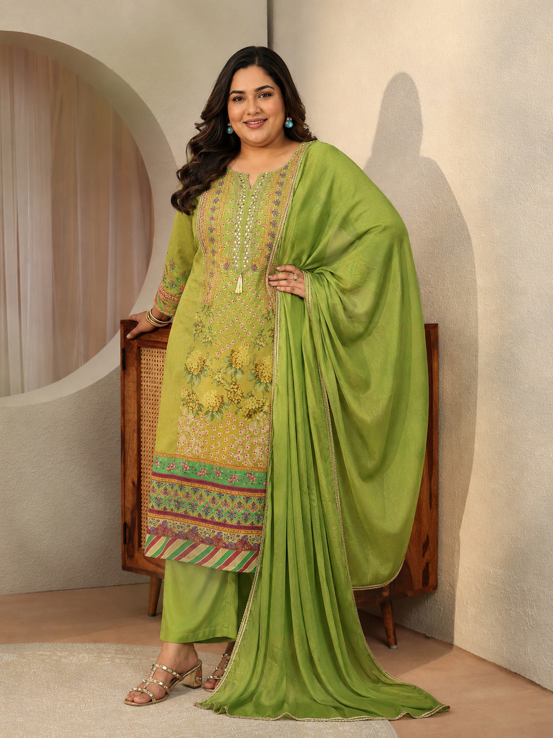 Plus Size Green Printed Chinon Straight Suit Set With Dupatta