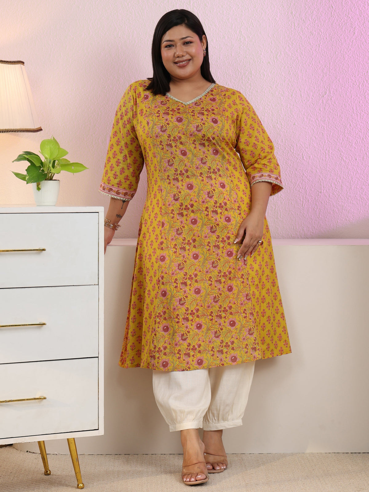 Plus Size Sunshine Yellow Floral Printed Cotton A-Line Kurta