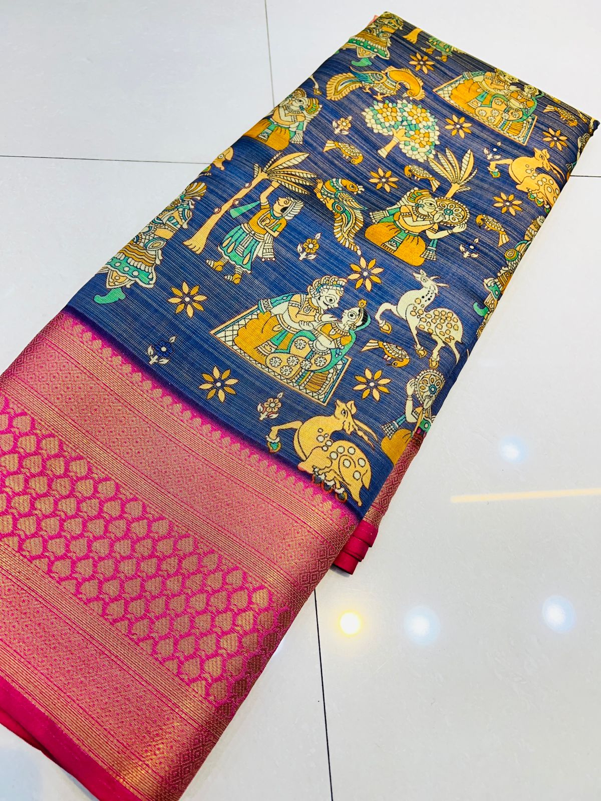 Ephemeral Royal Blue Kalamkari Printed Saree With Demesne Blouse Piece