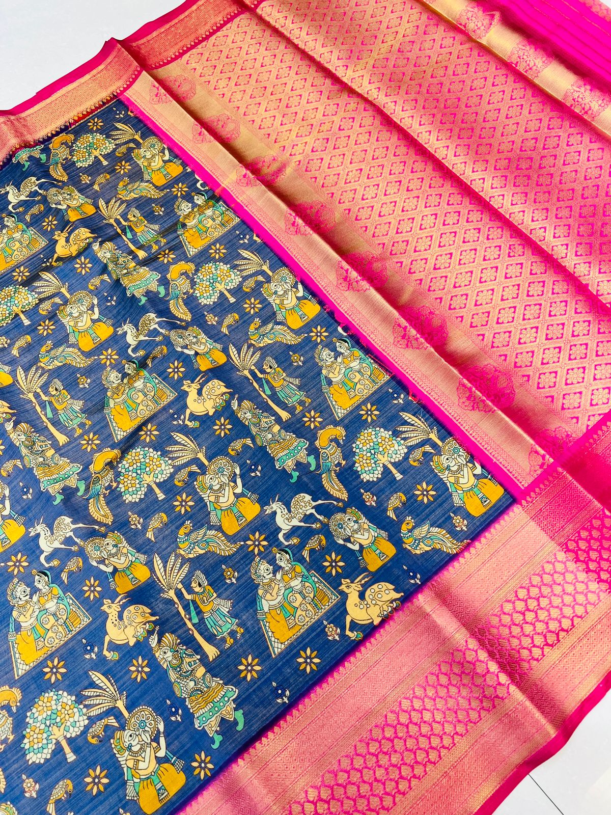 Ephemeral Royal Blue Kalamkari Printed Saree With Demesne Blouse Piece