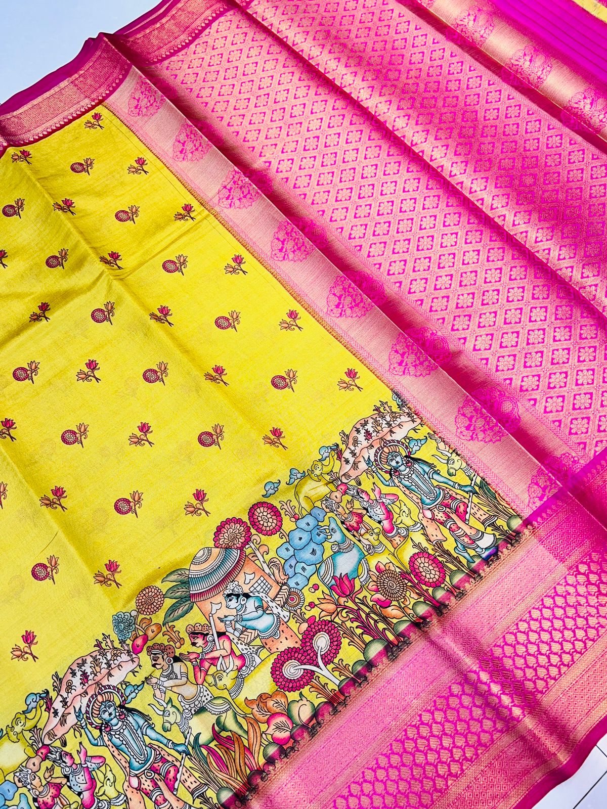 Comely Yellow Kalamkari Printed Saree With Ideal Blouse Piece