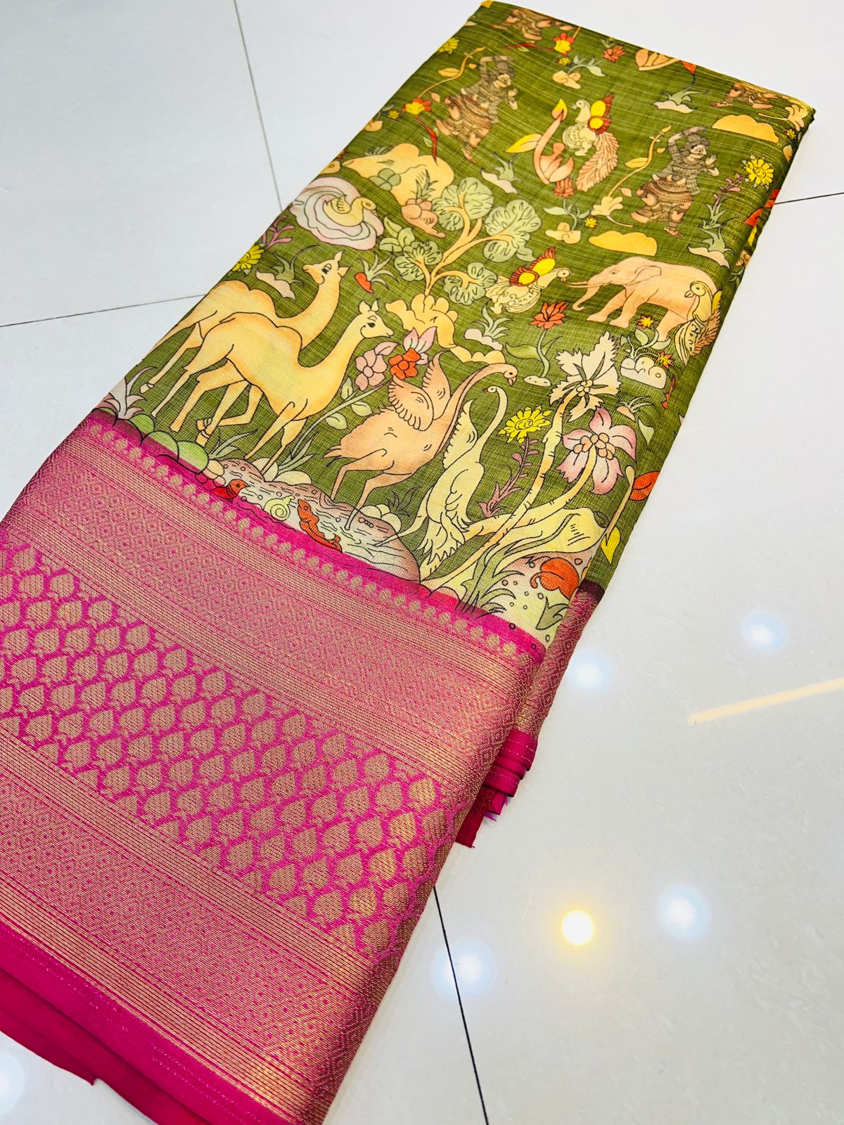 Desirable Mehandi Kalamkari Printed Saree With Delightful Blouse Piece