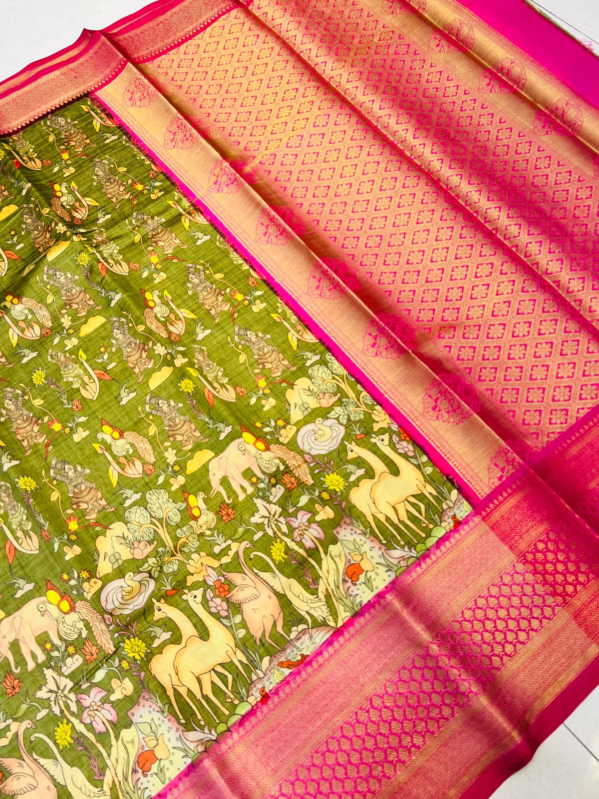 Desirable Mehandi Kalamkari Printed Saree With Delightful Blouse Piece