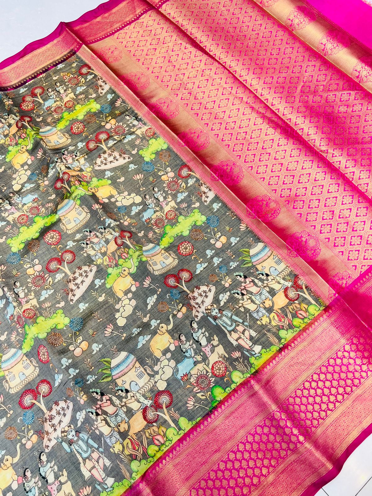 Radiant Grey Kalamkari Printed Saree With Imaginative Blouse Piece