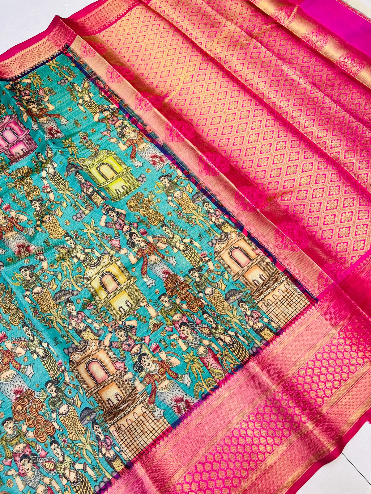 Ethnic Sea Green Kalamkari Printed Saree With Confounding Blouse Piece