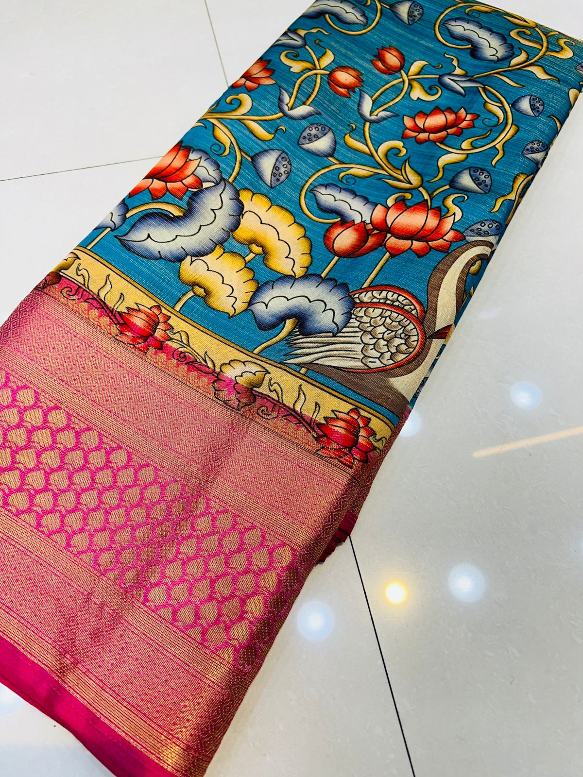 Gratifying Blue Kalamkari Printed Saree With Ephemeral Blouse Piece