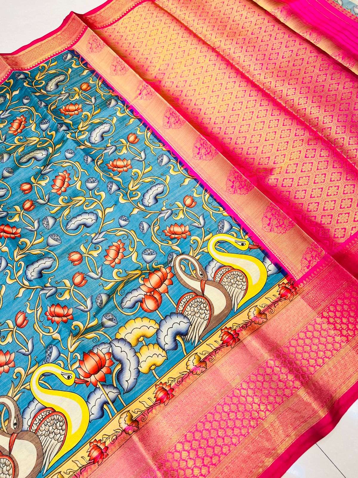 Gratifying Blue Kalamkari Printed Saree With Ephemeral Blouse Piece