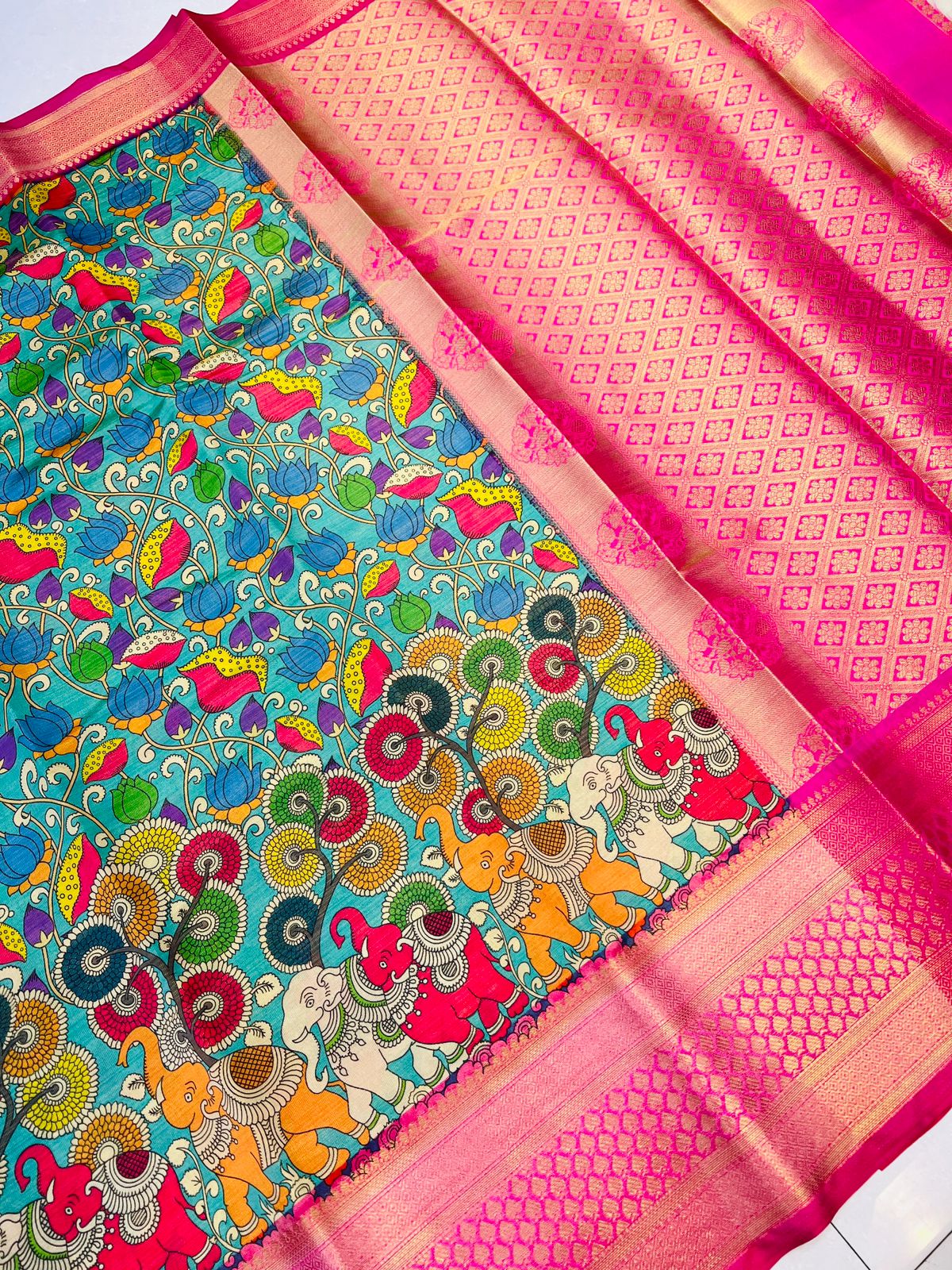 Mesmerising Firozi Kalamkari Printed Saree With Ailurophile Blouse Piece