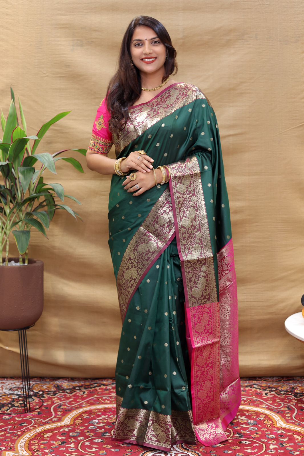 Palimpsest Dark Green Soft Banarasi Silk Saree With Stunner Blouse Piece