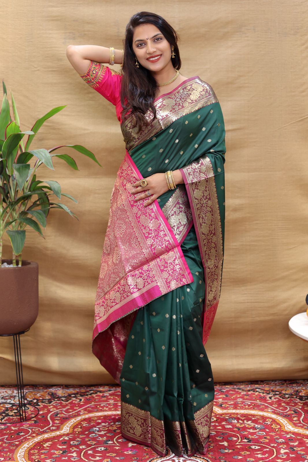 Palimpsest Dark Green Soft Banarasi Silk Saree With Stunner Blouse Piece