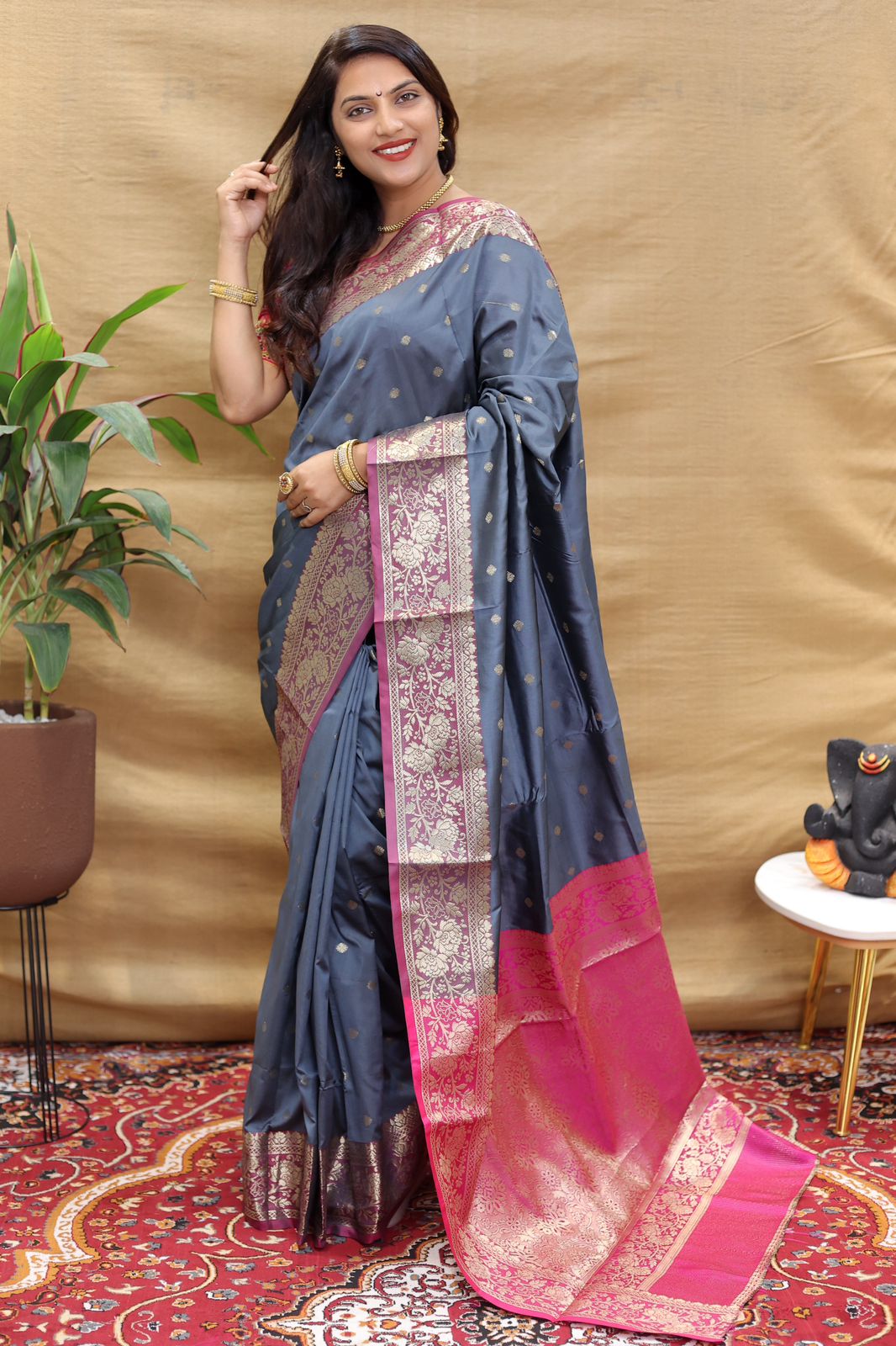 Transcendent Grey Soft Banarasi Silk Saree With Engrossing Blouse Piece