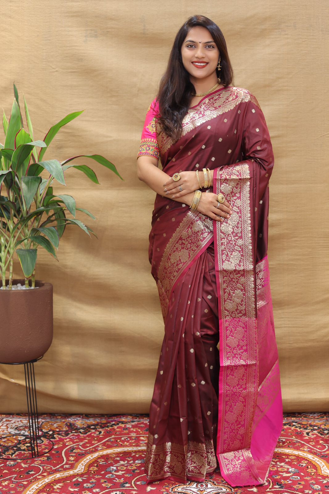 Ailurophile Maroon Soft Banarasi Silk Saree With Girlish Blouse Piece