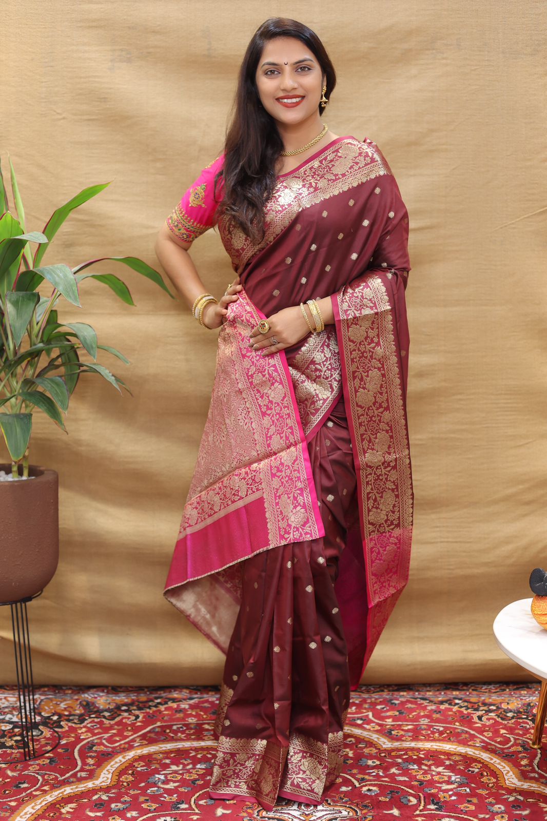 Ailurophile Maroon Soft Banarasi Silk Saree With Girlish Blouse Piece