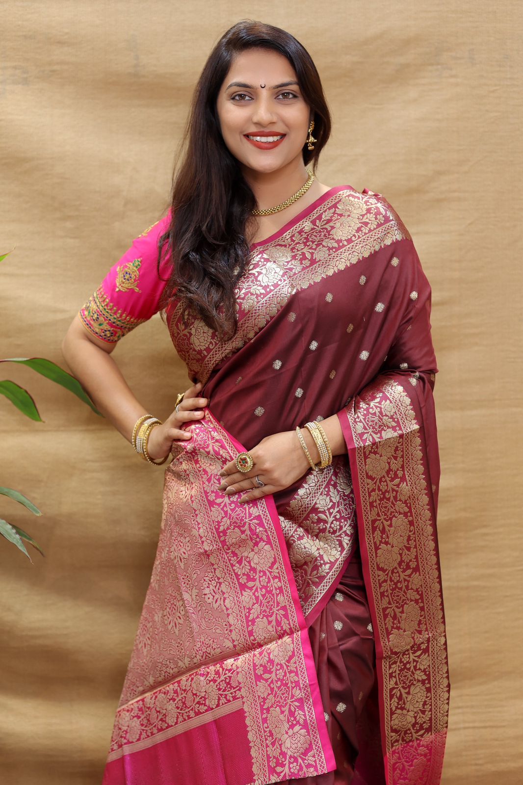Ailurophile Maroon Soft Banarasi Silk Saree With Girlish Blouse Piece