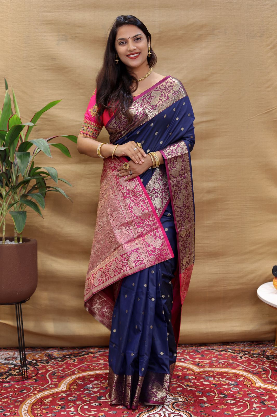 Embrocation Navy Blue Soft Banarasi Silk Saree With Unique Blouse Piece