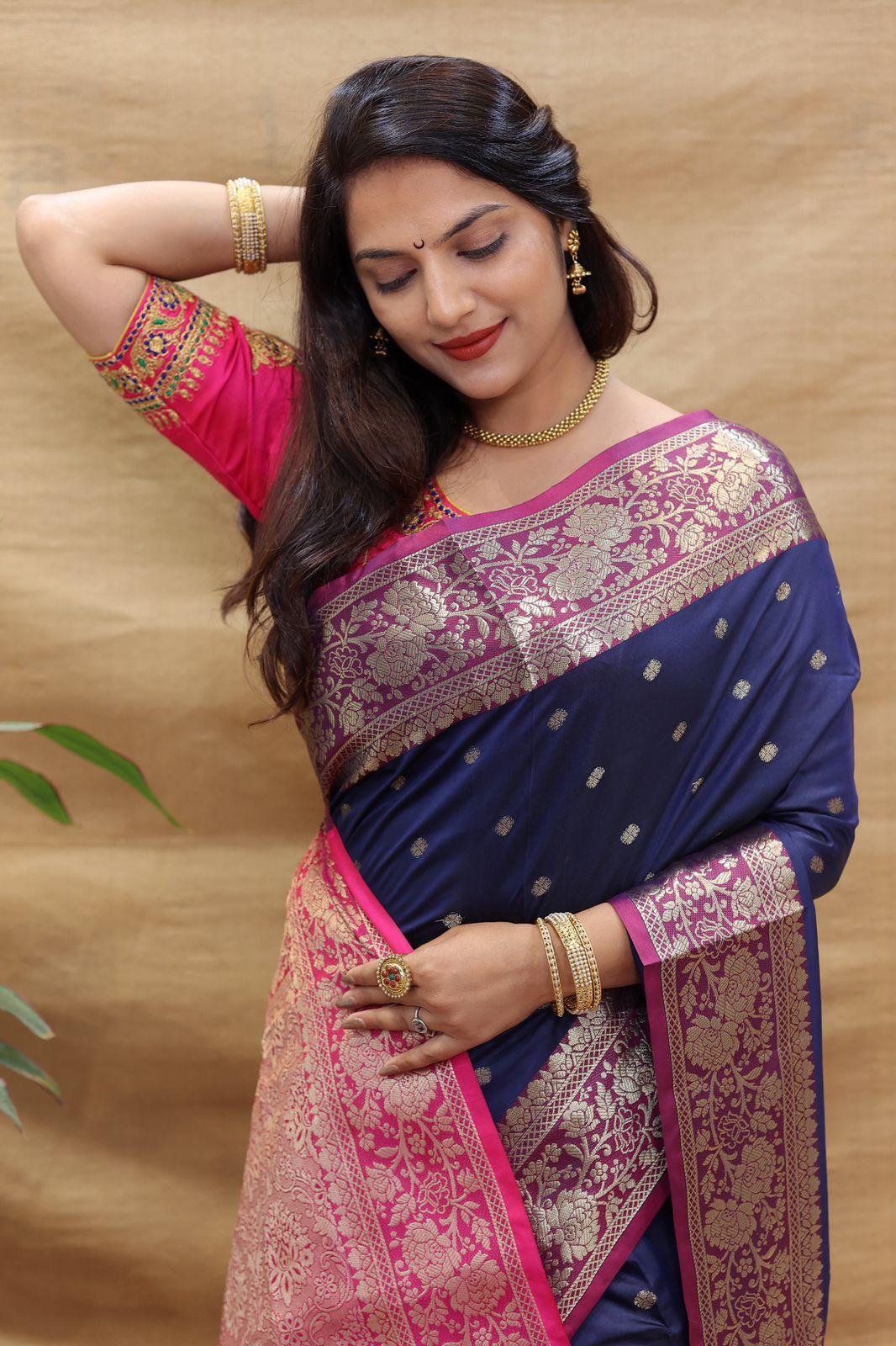 Embrocation Navy Blue Soft Banarasi Silk Saree With Unique Blouse Piece