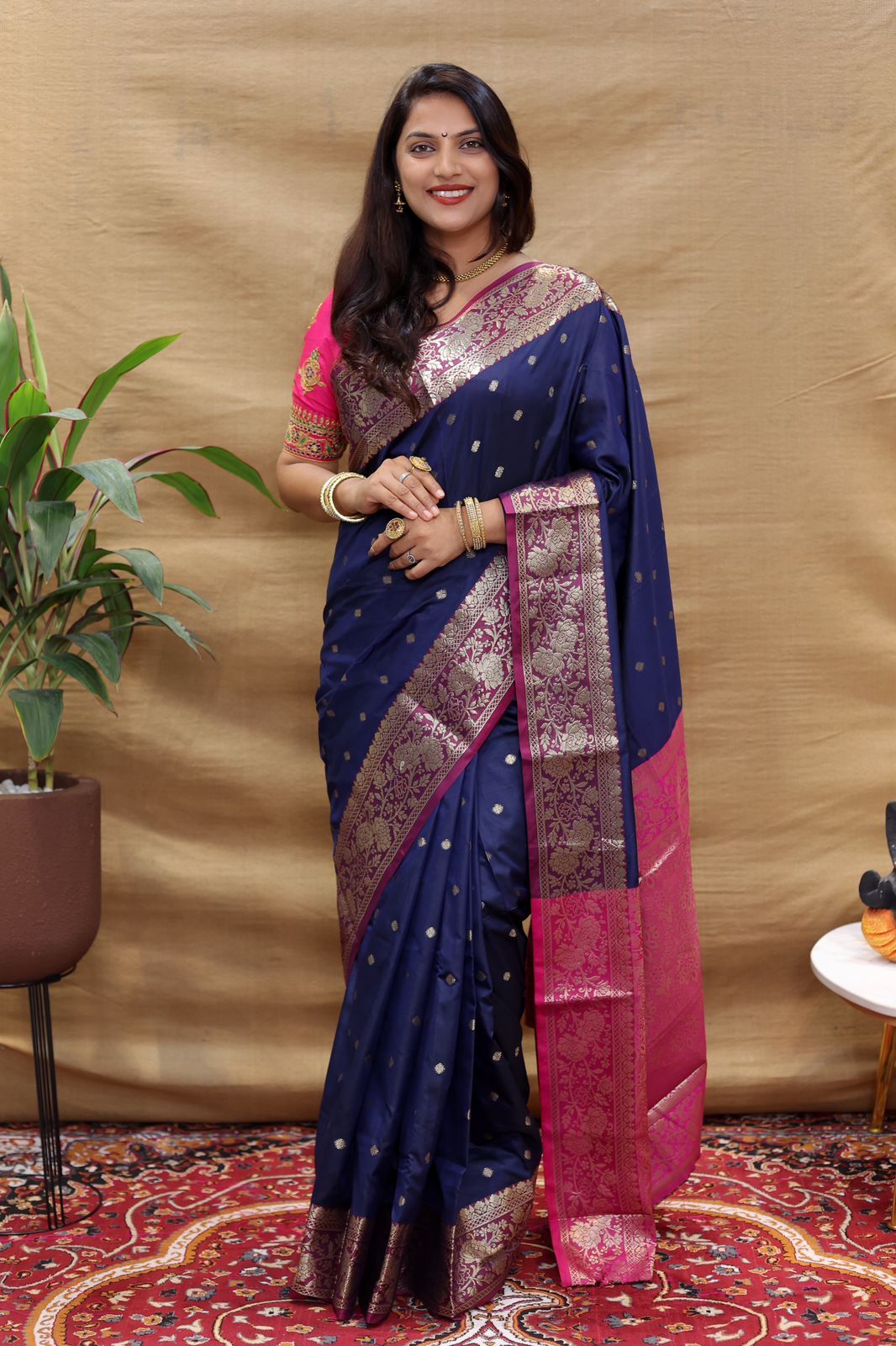Embrocation Navy Blue Soft Banarasi Silk Saree With Unique Blouse Piece