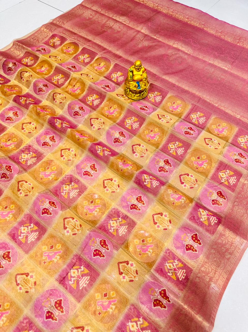Phenomenal Pink Soft Patola Silk Saree with Captivating Blouse Piece