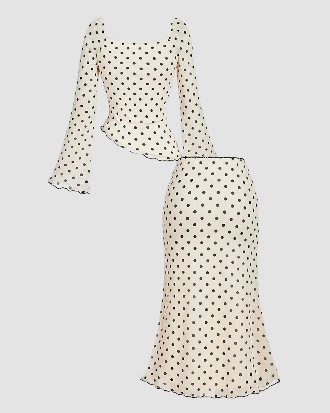 Polka Dot Bow Detail Crop Top & Asymmetric Hem Midi Skirt Two-Piece Set