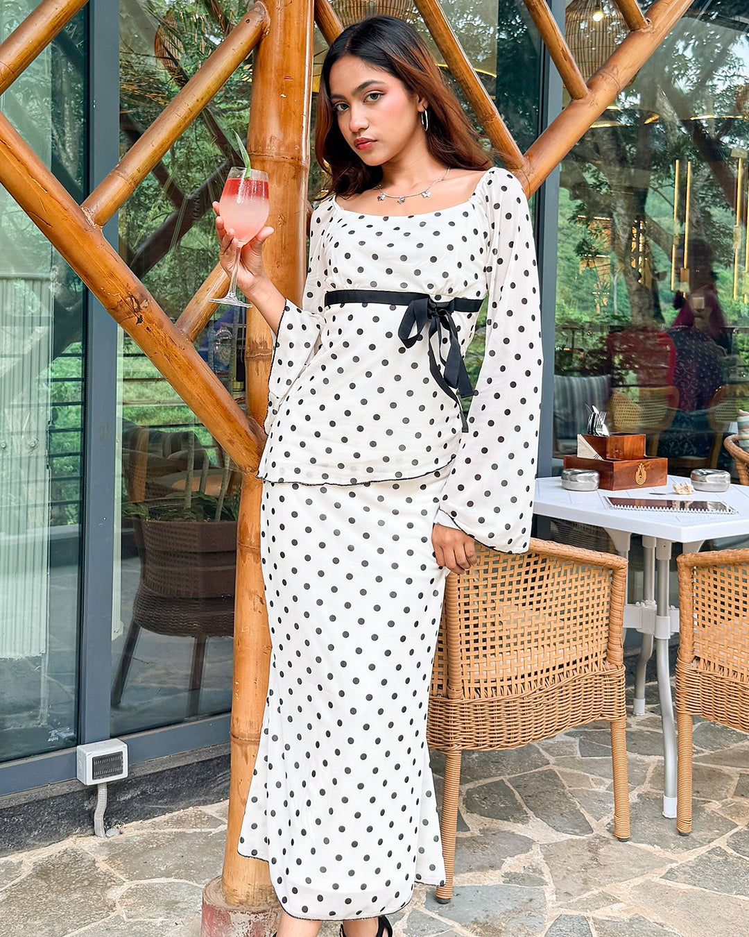 Polka Dot Bow Detail Crop Top & Asymmetric Hem Midi Skirt Two-Piece Set
