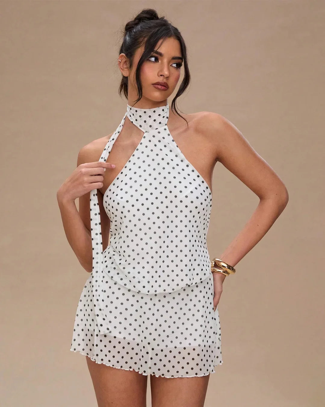 Polka Dot Printed Halter Mini Dress