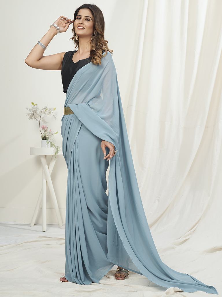 Powder Blue Ready to Wear One Minute Saree In Satin Silk
