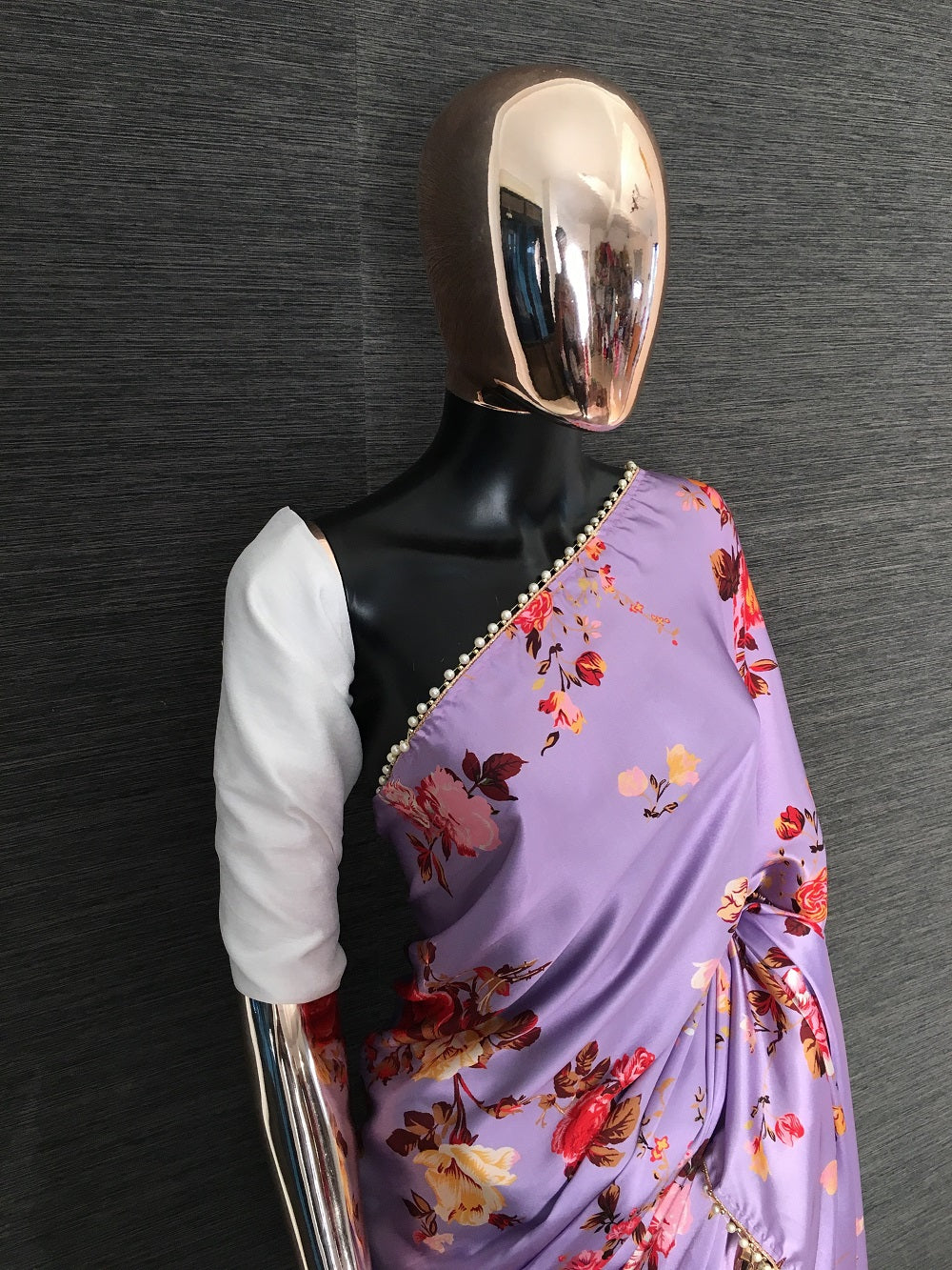Lavender Color Floral Printed Heavy Japan Satin Saree With Pearl Lace Border