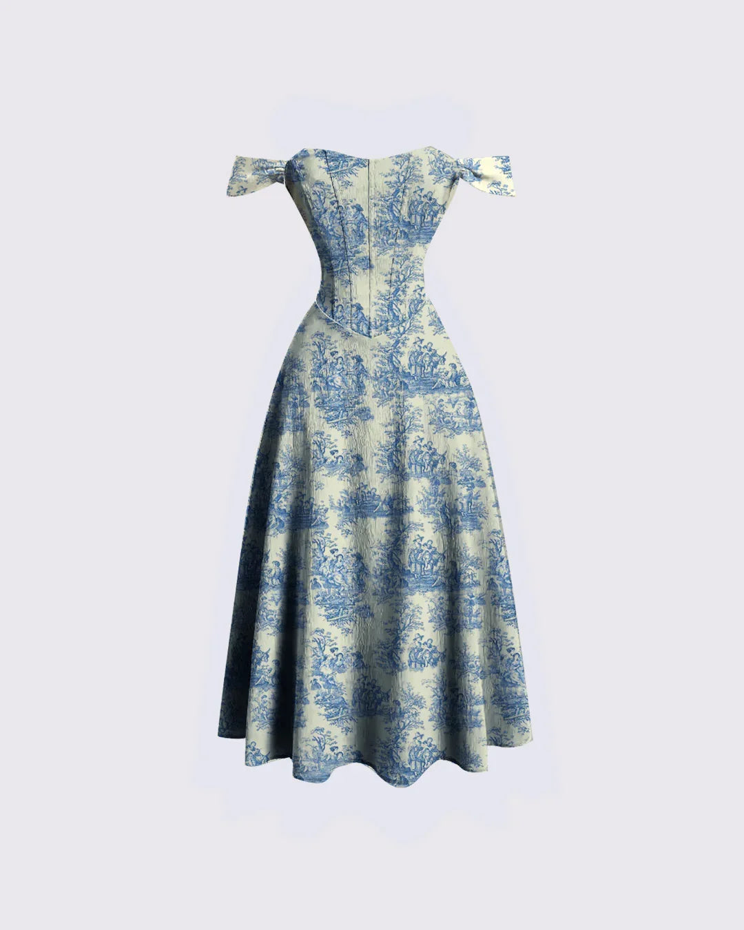 Printed Faux Fishbone Design Romantic Off-Shoulder Dress